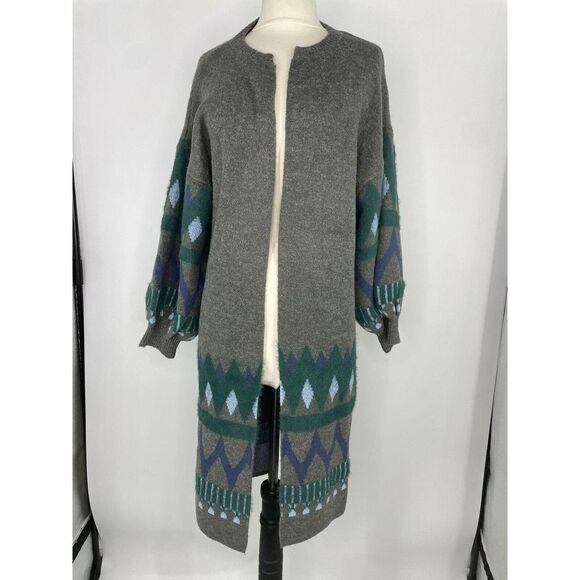 Anthropologie Kai Embroidered Balloon Sleeve Open Grey Sweater Coat One Size - Picture 2 of 10